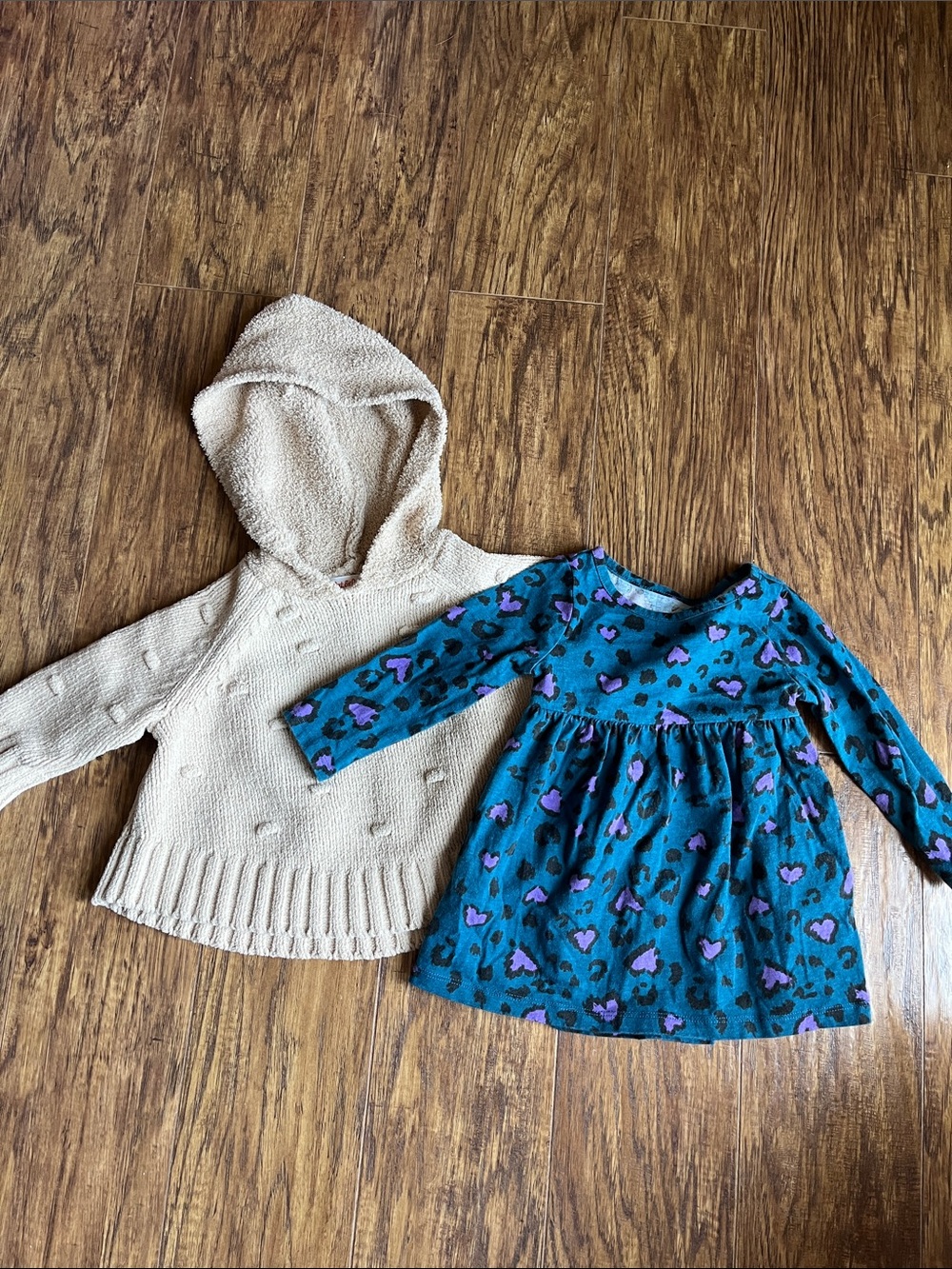 Beige Hooded Knit Sweater & Teal Heart-Print Dress